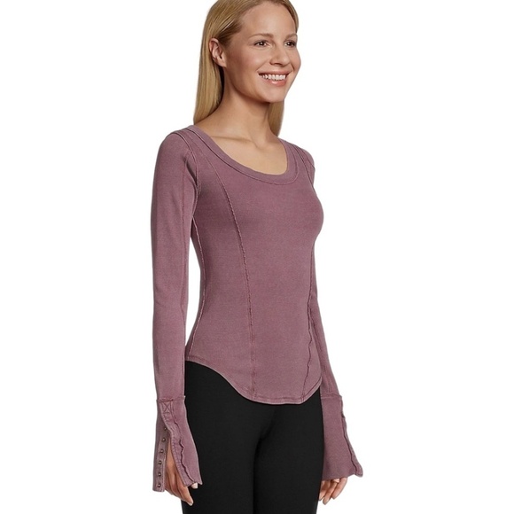 WE THE FREE Cotton Stuck On You Cuff Scoop Neck Top Raw Seams Dusty Rose US Sz L - Picture 9 of 10